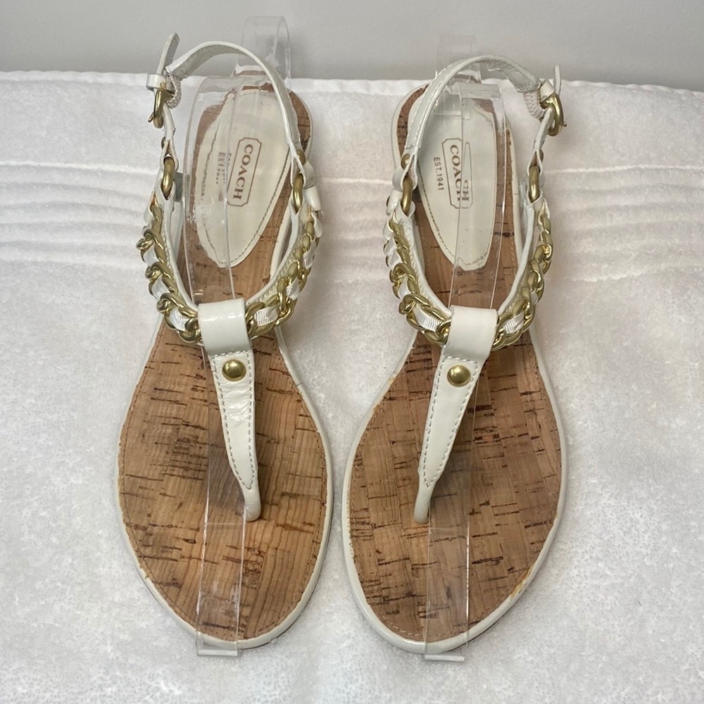 Coach Garland ivory leather sandals with‎ gold chain detail women’s size 10